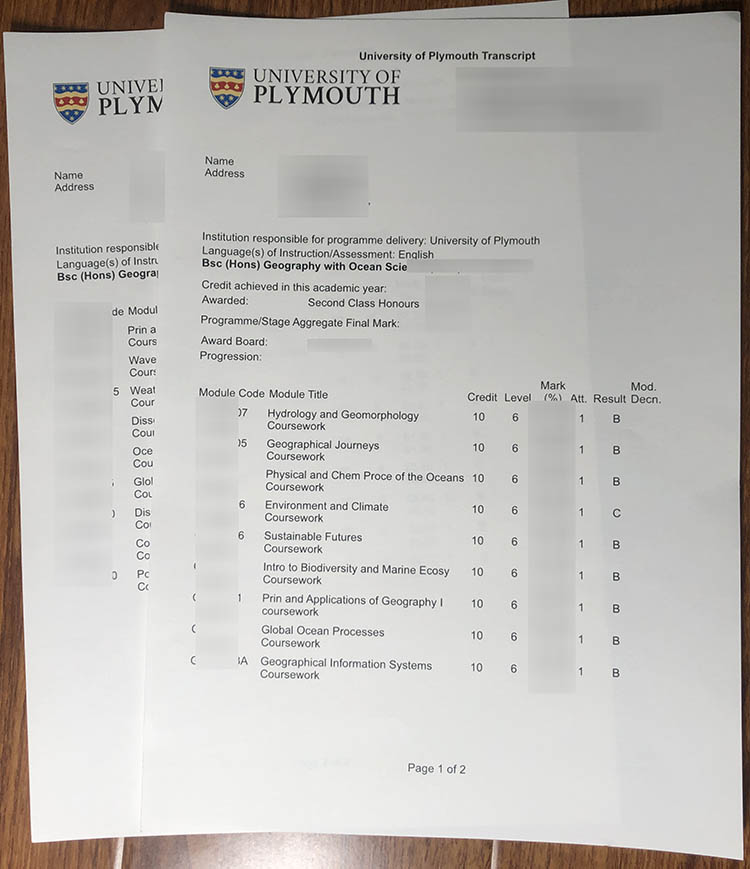 fake University of Plymouth transcript