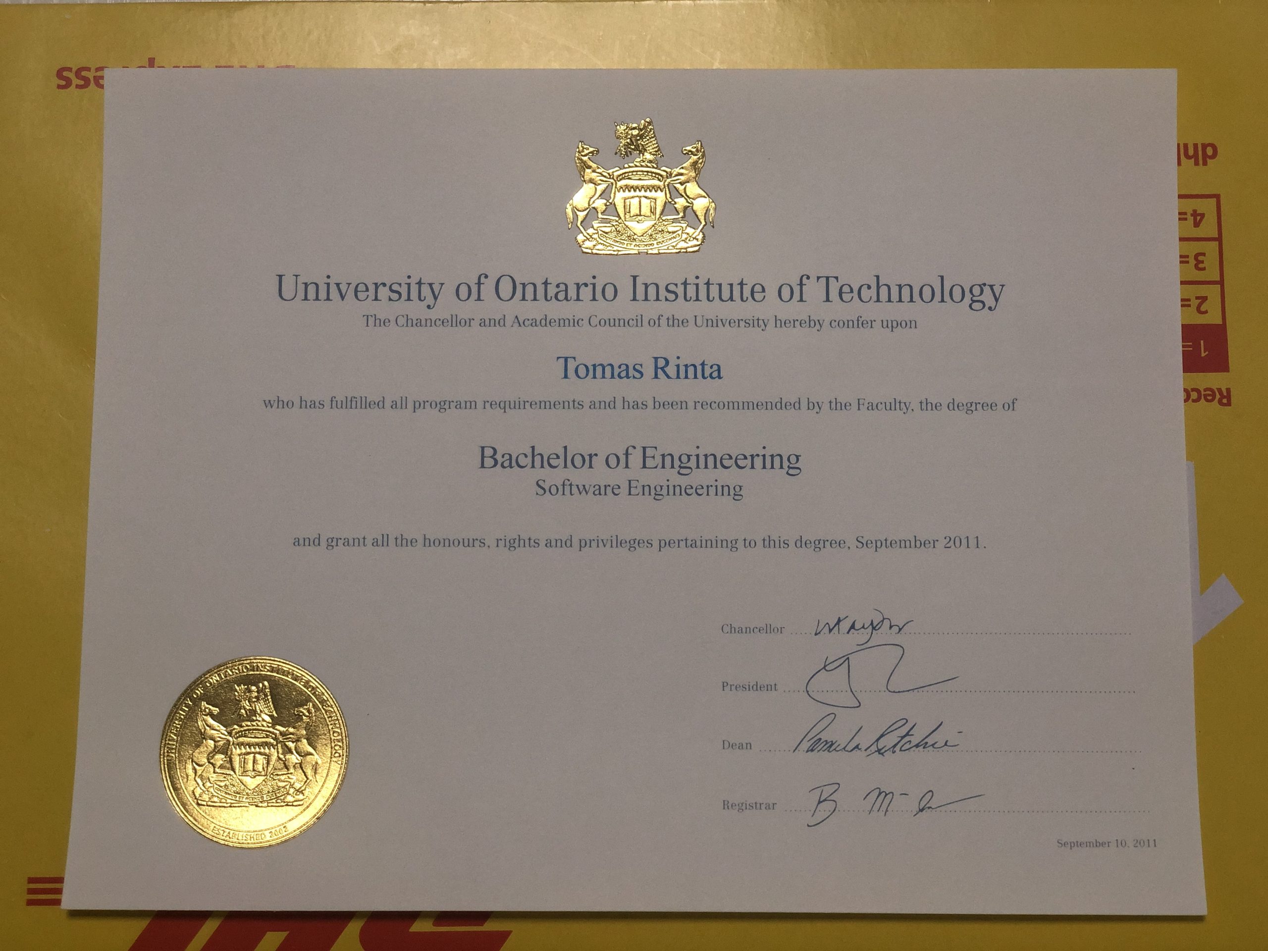 Ontario Tech University Degree Certificate