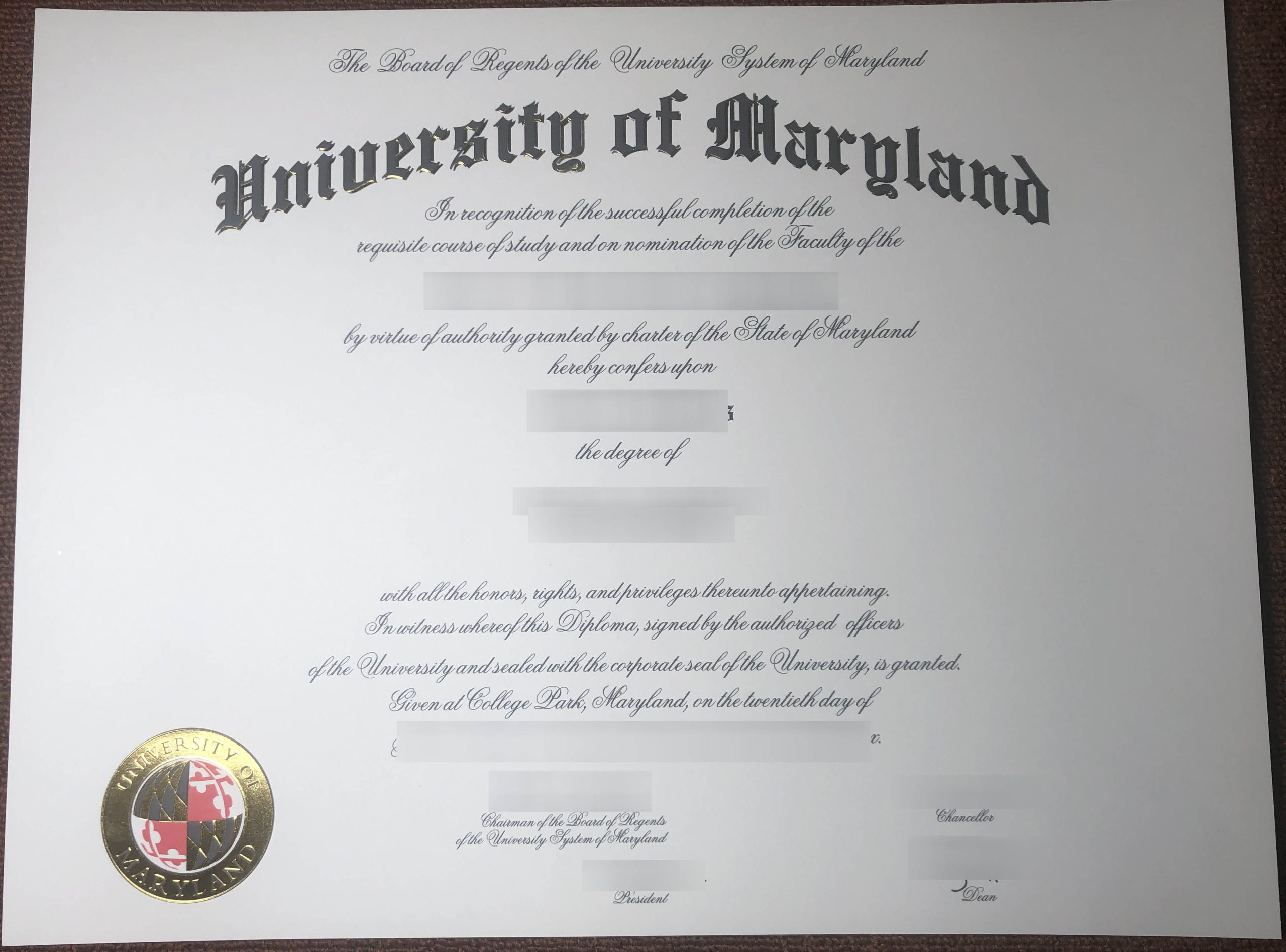 fake University of Maryland diploma