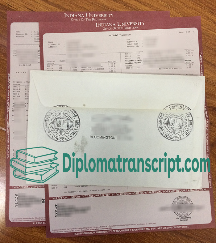 Indiana University Transcripts and envelope