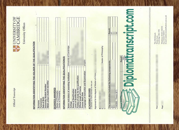 University of Cambridge transcript