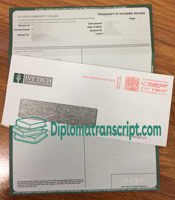 Ivy Tech Community College Transcript and Envelope 