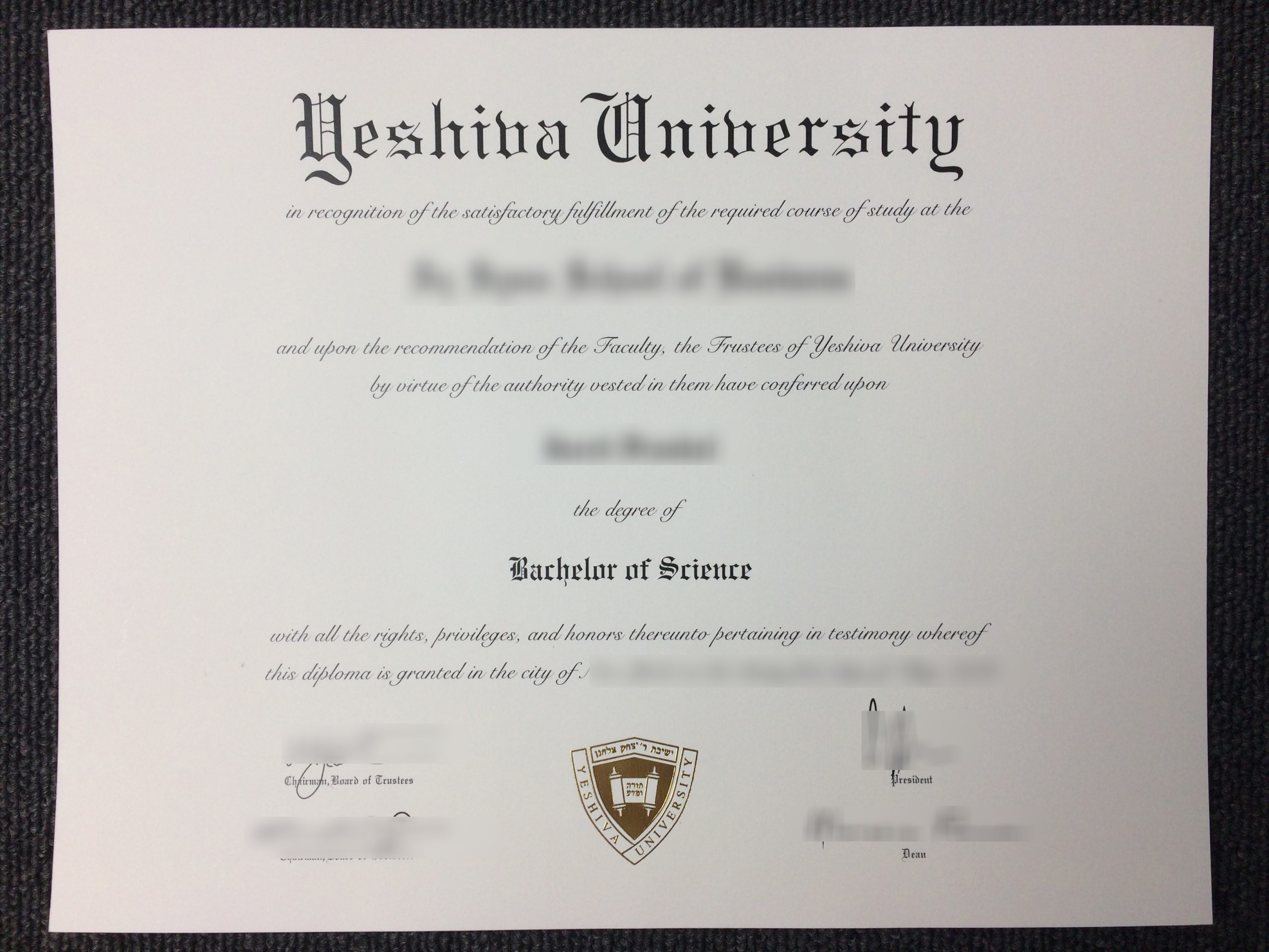 Yeshiva University diploma sample