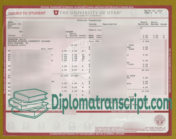 University of Utah transcript