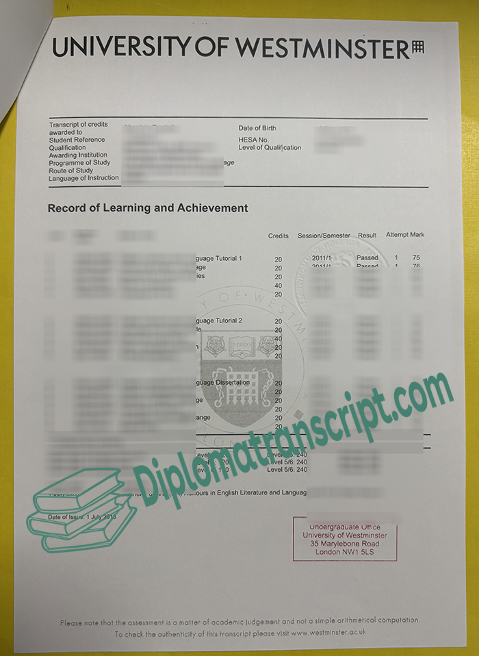 University of Westminster transcript
